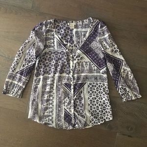 Lucky Brand Purple Print Button Peasant Top